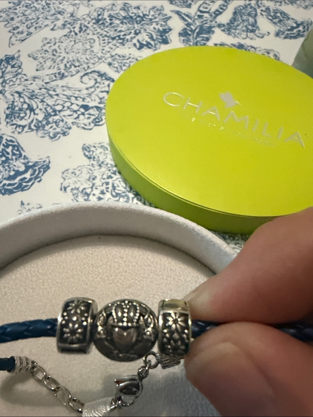 Chamilia blue leather bracelet with three claddagh and flower charms - Picture 2 of 3